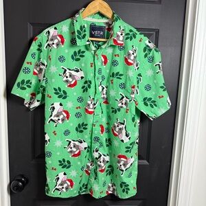 VSTR Green Dog Print Men's Casual Button Down Christmas Shirt